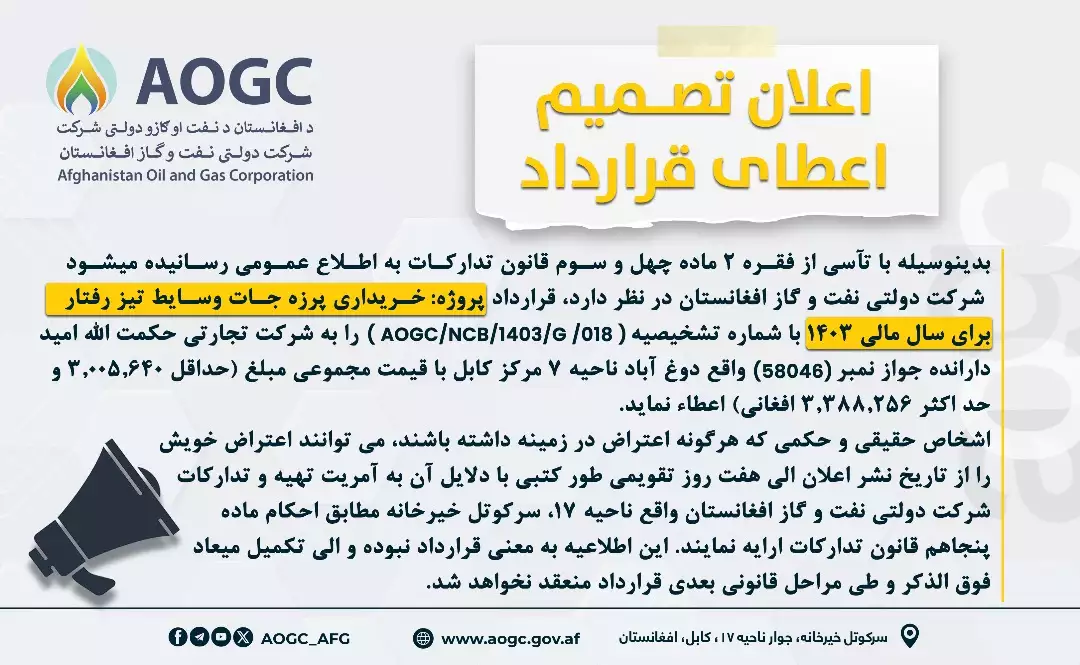اعطای قرارداد پروژه خریداری پرزه جات وسایط تیز رفتار